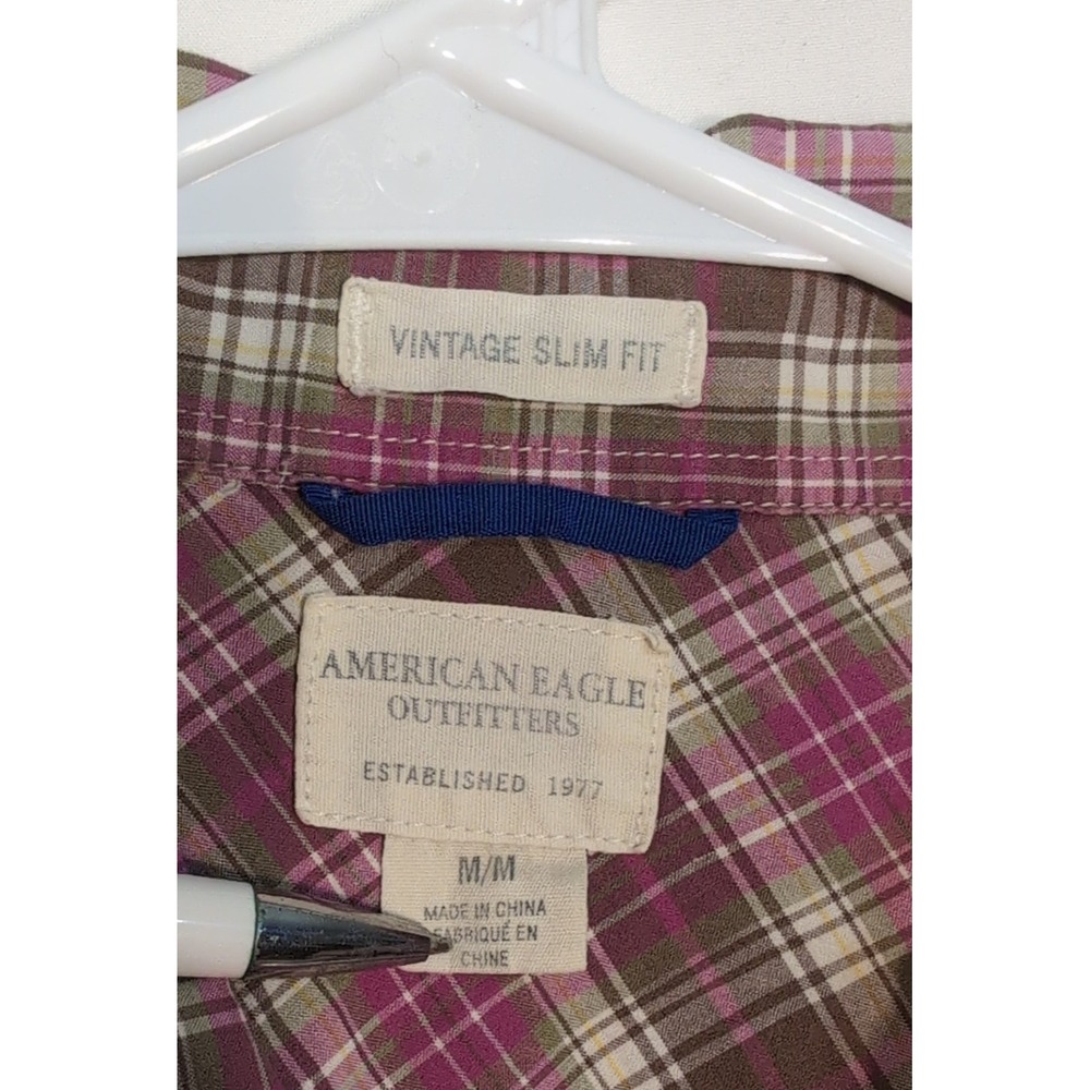 American Eagle Mens Vintage Slim Fit Plaid Short Sleeve Button Down Shirt Purple